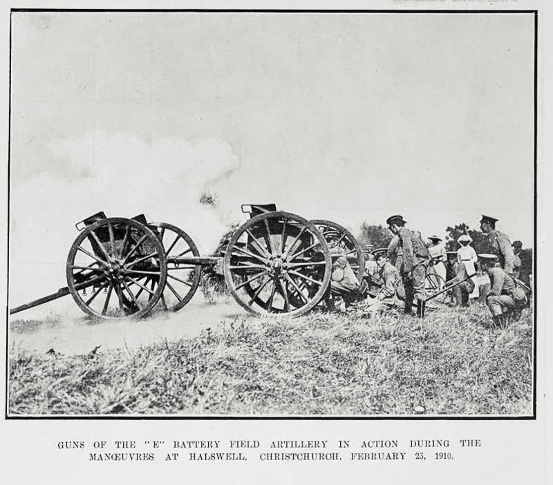 Guns Of The 'E' Battery Field Artillery In Action During The Manœuvres At Halswell, Christchurch, February 23, 1910, 1910