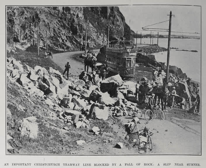 An Important Christchurch Tramway Line Blocked By A Fall Of Rock, 1912