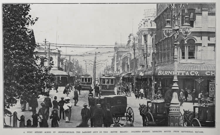 A busy street scene in Christchurch, the largest city in the South Island, 1913