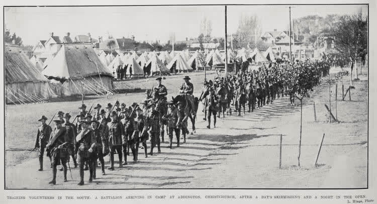 Training of volunteers in the South with a battalion arriving in camp at Addington, Christchurch after a days skirmishing and a night in the open, 1914
