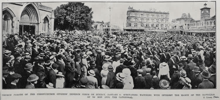 Church parade of the Christchurch Citizen's Defence Corps on Sunday, January 3: spectators watching with interest the march of the battalion of 700 men into the cathedral, 1915