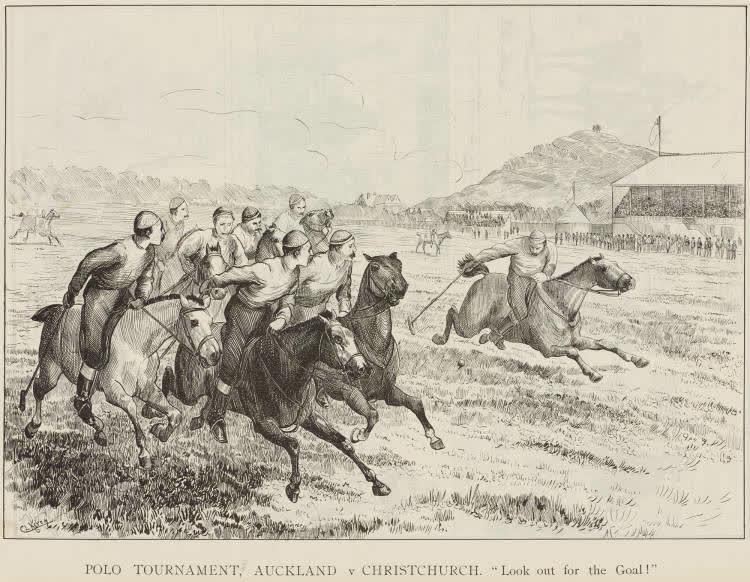 Polo tournament, Auckland v Christchurch: 'Look out for the goal!', 1893