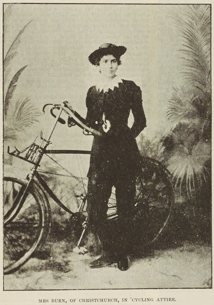 Mrs Burn, of Christchurch, in 'cycling attire, 1893