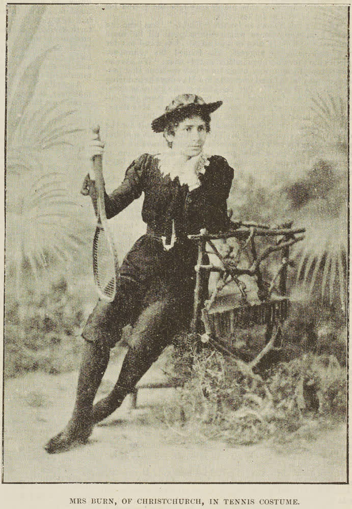 Mrs Burn, of Christchurch, in tennis costume, 1893