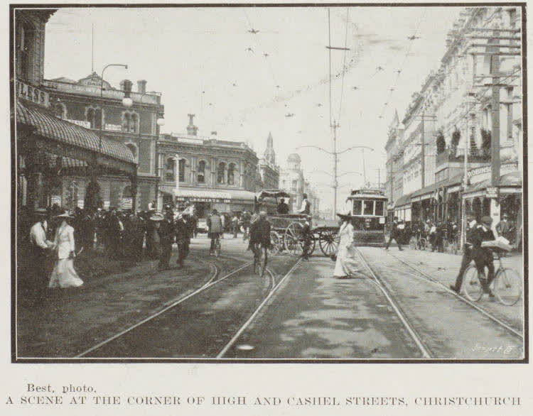 A scene at the corner of High and Cashel streets, Christchurch, 1912