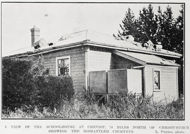 A view of the schoolhouse at Cheviot, 74 miles north of Christchurch showing the dismantled chimneys, 1923