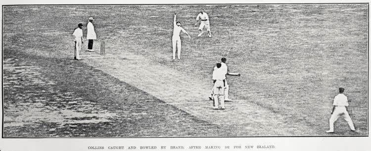 Collins caught and bowled by brand, after making 102 for New Zealand, 1923