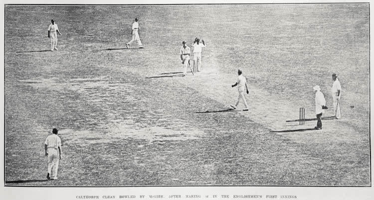 Calthorpe clean bowled by McGirr after making 14 in the Englishmen's first innings, 1923