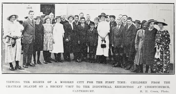 Viewing the sights of a modern city for the first time: children from the Chatham Islands on a recent visit to the Industrial Exhibition at Christchurch, Canterbury, 1923