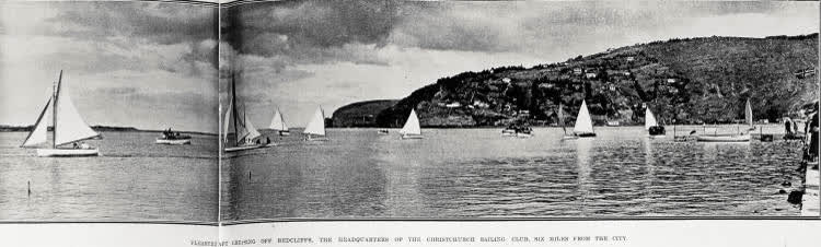 Pleasure craft cruising off Redcliffs, the headquarters of the Christchurch Sailing Club, six miles from the city, 1923