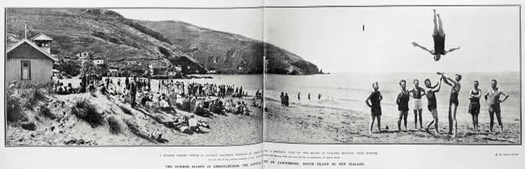 A seaside resort, which is rapidly becoming popular in Christchurch; a striking view of the beach at Taylors Mistake, near Sumner, 1923