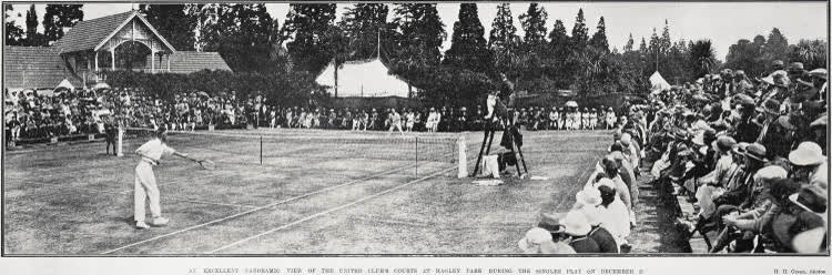 An excellent panoramic view of the United Club's courts at Hagley Park during the singles play on December 27, 1924