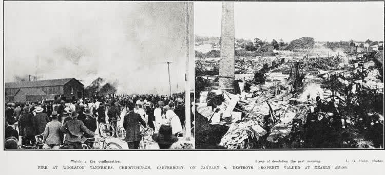 Fire at Woolston Tanneries, Christchurch, Canterbury, on January 9, destroys property valued at nearly £35.000, 1924