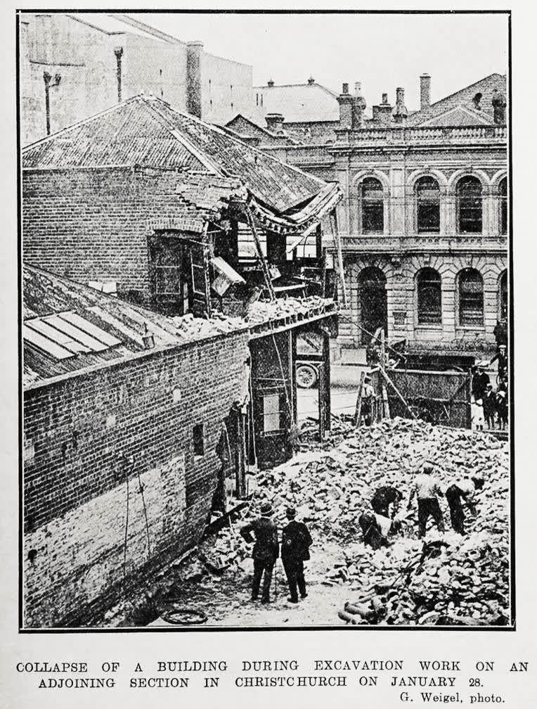 Collapse of a building during excavation work on an adjoining section in Christchurch on January 28, 1924