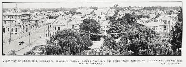 A new view of Christchurch, Canterbury's prosperous capital: looking west from the Public Trust building on Oxford Street, with the River Avon in foreground, 1924