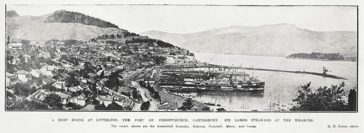 A busy scene at Lyttelton, the port of Christchurch, Canterbury: six large steamers at the wharves, 1924
