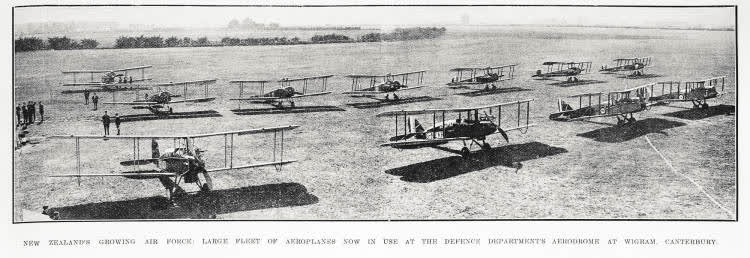 New Zealand's growing air force: large fleet of aeroplanes now in use at the Defence Department's aerodrome at Wigram, Canterbury, 1924