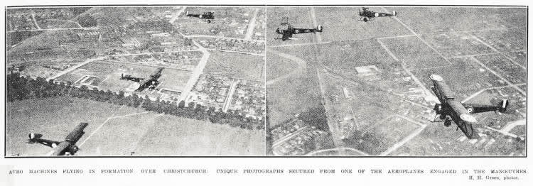 Avro machines flying in formation over Christchurch: unique photographs secured from one of the aeroplanes engaged in one of the manoeuvres, 1924