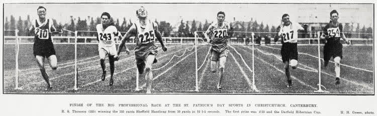 Finish of the big professional race at the St. Patrick's Day sports in Christchurch, Canterbury, 1924