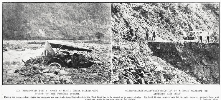 During the recent railway strike passenger and mail traffic from Christchurch to the West Coast had to be carried on by motor vehicles, 1924