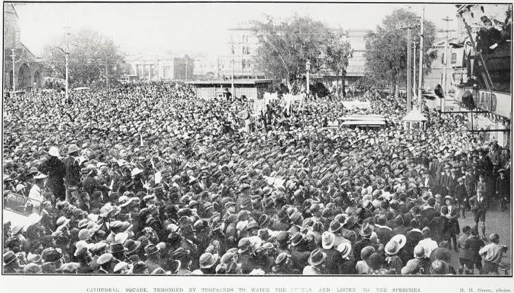 Cathedral Square, thronged by thousands to watch the revels and listen to the speeches, 1924