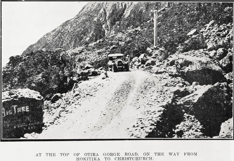 At the top of Otira Gorge Road, on the way from Hokitika to Christchurch, 1924