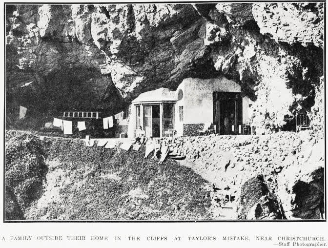 A family outside their home in the Cliffs at Taylor's Mistake, near Christchurch, 1924