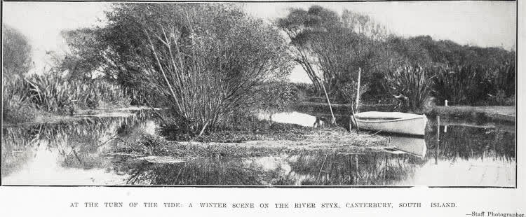 At the turn of the tide: a winter scene on the River Styx, Canterbury, South Island, 1924