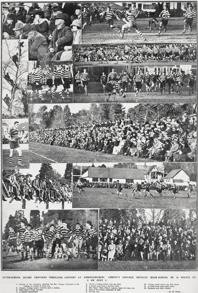 Inter-school rugby provides thrilling contest at Christchurch: Christ's College defeats High School by 10 points to 6 on July 2, 1924