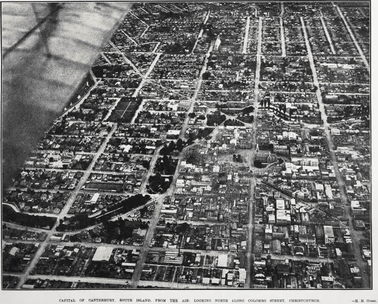 Capital of Canterbury, South Island, from the air: looking north along Colombo Street, Christchurch, 1924