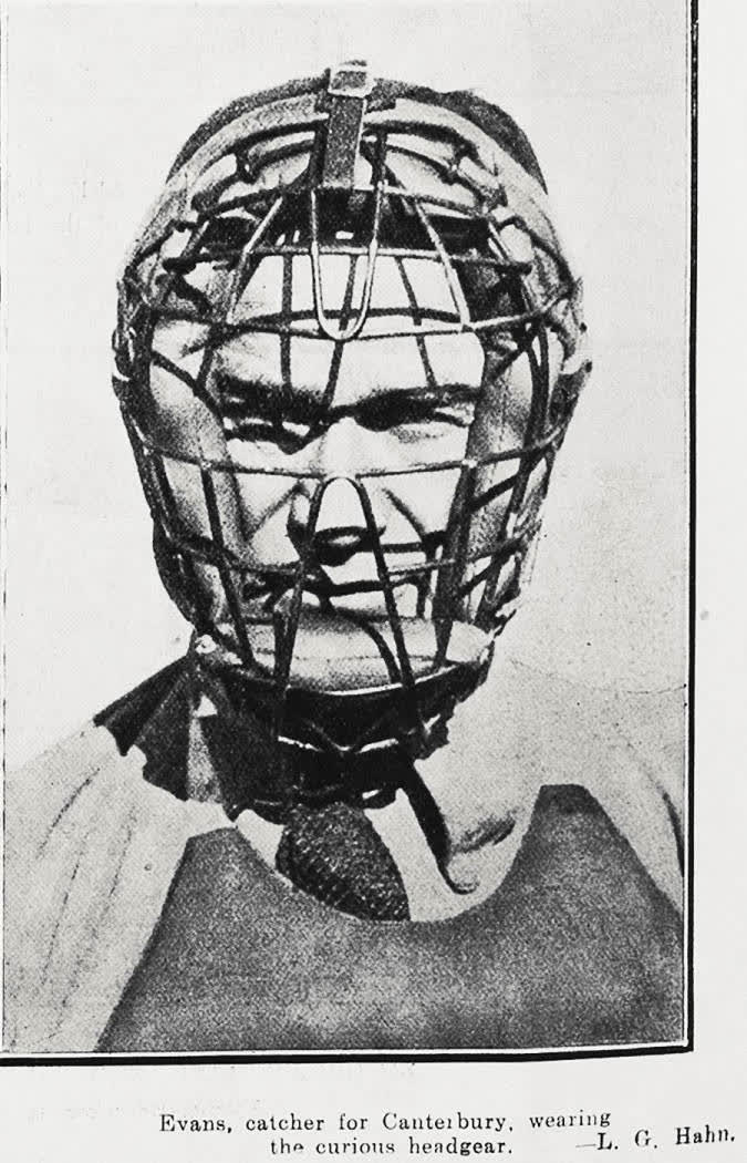 Evans, catcher for Canterbury, wearing the curious headgear, 1924