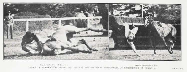 Perils of cross-country riding: two falls in the Aylesbury Steeplechase, at Christchurch, on August 16, 1924, 1924