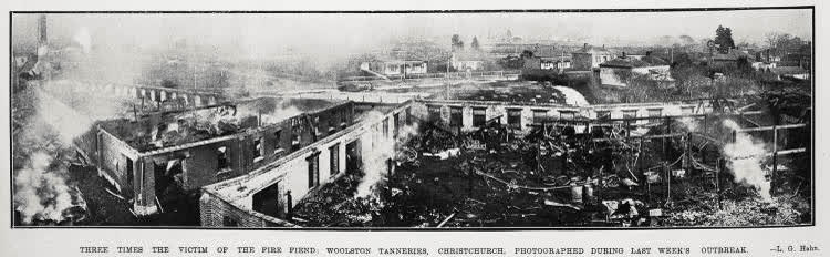 Three times the victim of the fire fiend: Woolston Tanneries, Christchurch, photographed during last week's outbreak, 1924