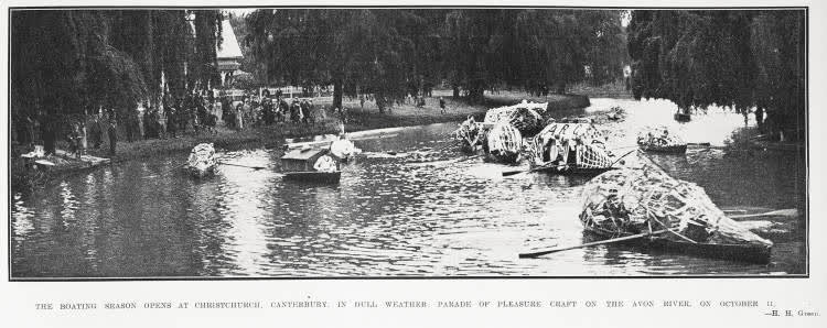 The boating season opens at Christchurch, Canterbury in dull weather, 1924