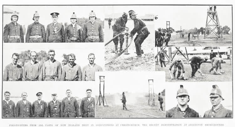 Fire-fighters from all parts of New Zealand meet in competitions at Christchurch: the recent demonstration at Addington Showgrounds, 1925