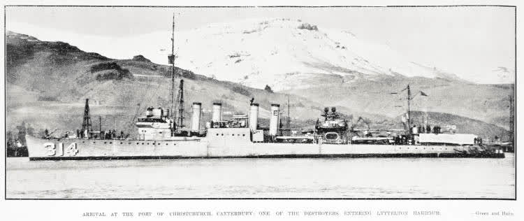 Arrival at the Port of Christchurch, Canterbury: One of the Destroyers Entering Lyttelton Harbour, 1925