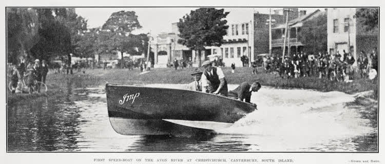 First speed-boat on the Avon River at Christchurch, Canterbury, South Island, 1926