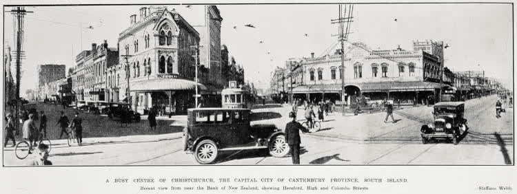 A busy centre of Christchurch, the capital city of Canterbury Province, South Island, 1926