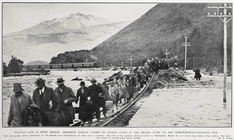 Railway Line As Swing Bridge: Extensive Damage Caused By Recent Flood in the Bealey River on the Christchurch-Greymouth Line, 1927