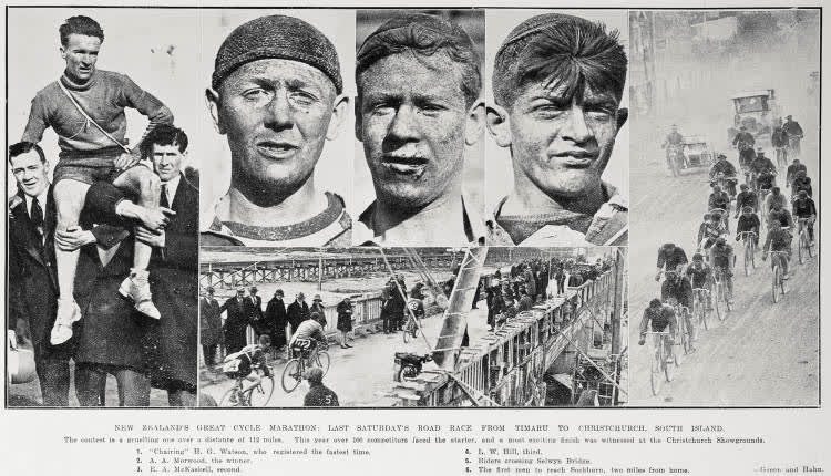 New Zealand's Great Cycle Marathon: Last Saturday's Road Race From Timaru To Christchurch, South Island, 1927
