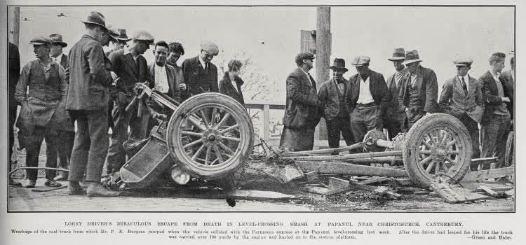 Lorry Drivers Miraculous Escape From Death In Level-Crossing Smash At Papanui Near Christchurch, Canterbury, 1927
