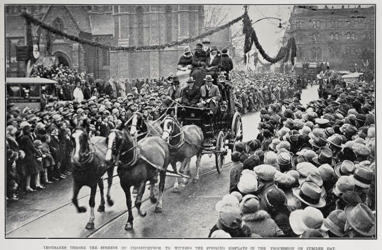 Thousands Throng The Streets Of Christchurch To Witness The Striking Displays in the Procession On Jubilee Day, 1928