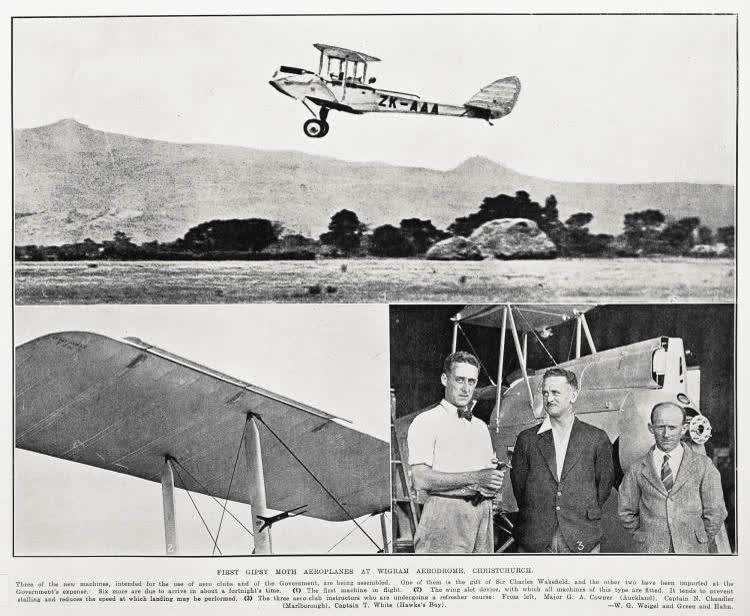 First Gipsy Moth aeroplanes at Wigram Aerodrome. Christchurch, 1929