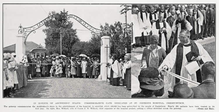 In honour of Archbishop Julius: commemorative gate dedicated at St. George's Hospital, Christchurch, 1929