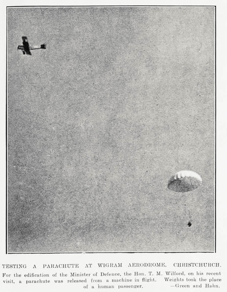 Testing a parachute at Wigram Aerodrome, Christchurch, 1929