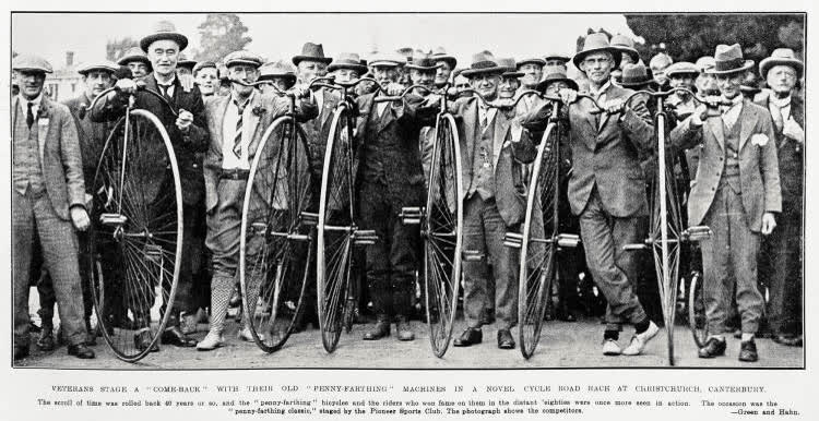 Veterans stage a come-back with their old 'penny-farthing' machines in a novel cycle road at Christchurch, Canterbury, 1929