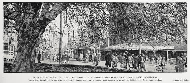 In the picturesque 'City of the plains': a striking street scene from Christchurch, Canterbury, 1929