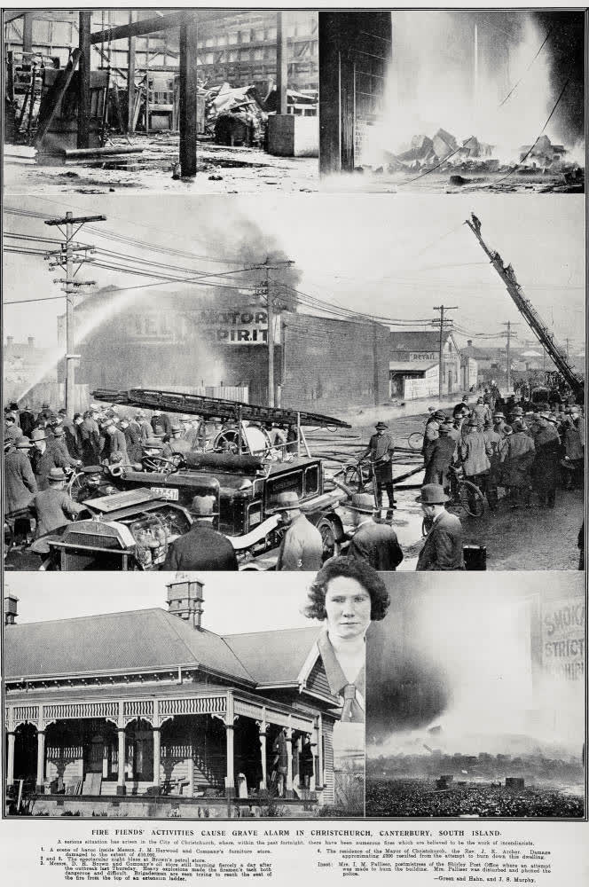 Fire fiends' activities cause grave alarm in Christchurch, Canterbury, South Island, 1929