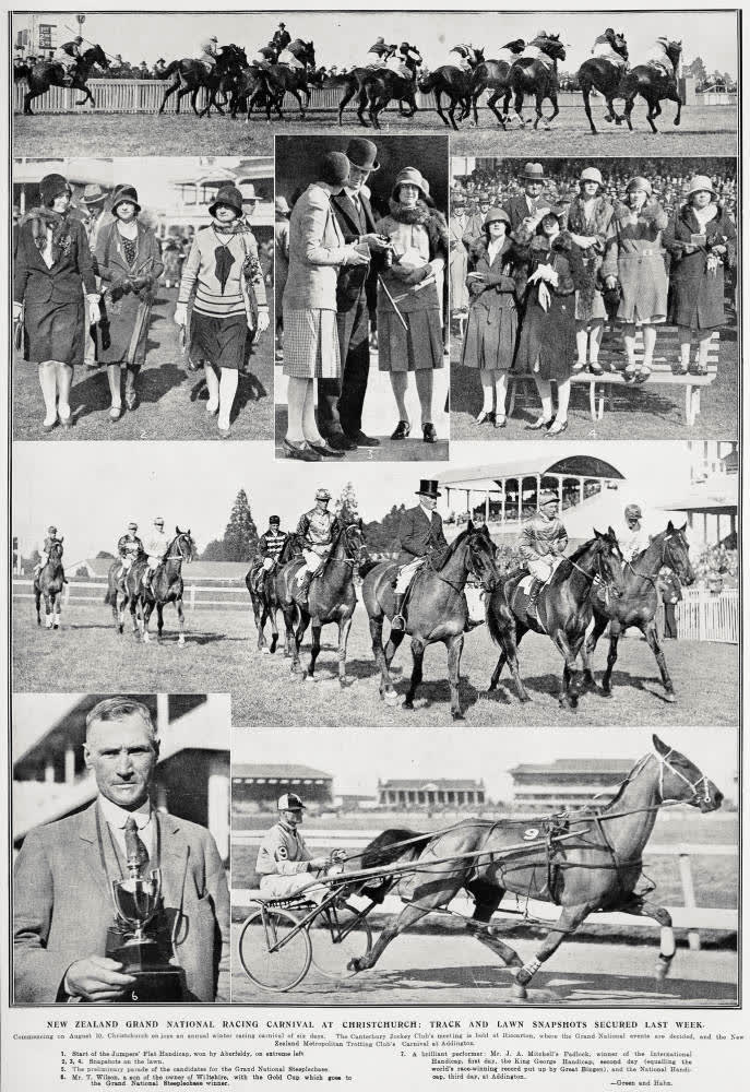 New Zealand Grand National Racing Carnival at Christchurch: track and lawn snapshots secured last week, 1929