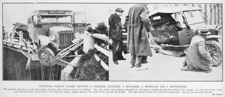Extensive damage caused through a collision involving a motor-bus, a motor-car and a motor-cycle, 1929